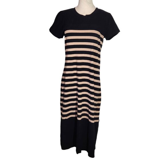 J. Crew Black & Beige Striped Midi Dress Short Sleeve Cotton Womens Size M - Picture 1 of 16